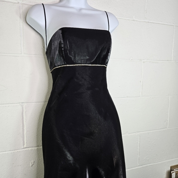 Vtg 90s Y2k Cache Black Liquid Lace Up Corset Back Rhinestone Formal Dress - Picture 5 of 14